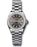  *Pre-Owned* Rolex Platinum Lady-Datejust 28 Watch - 44 Diamond Bezel - Dark Grey Index Dial - President Bracelet
