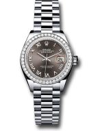  *Pre-Owned* Rolex Platinum Lady-Datejust 28 Watch - 44 Diamond Bezel - Dark Grey Roman Dial - President Bracelet
