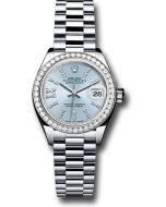  *Pre-Owned* Rolex Platinum Lady-Datejust 28 Watch - 44 Diamond Bezel - Ice Blue Diamond Index Dial - President Bracelet