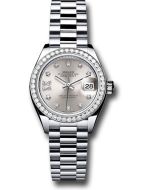  *Pre-Owned* Rolex Platinum Lady-Datejust 28 Watch - 44 Diamond Bezel - Silver Diamond Star Dial - President Bracelet