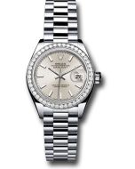 *Pre-Owned* Rolex Platinum Lady-Datejust 28 Watch - 44 Diamond Bezel - Silver Index Dial - President Bracelet