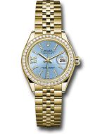  *Pre-Owned* Rolex Yellow Gold Lady-Datejust 28 Watch - 44 Diamond Bezel - Cornflower Blue Stripe Diamond Index Dial - Jubilee Bracelet