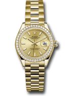 *Pre-Owned* Rolex Yellow Gold Lady-Datejust 28 Watch - 44 Diamond Bezel - Champagne Index Dial - President Bracelet
