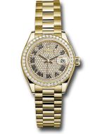  *Pre-Owned* Rolex Yellow Gold Lady-Datejust 28 Watch - 44 Diamond Bezel - Diamond Paved Roman Dial - President Bracelet