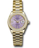 *Pre-Owned* Rolex Yellow Gold Lady-Datejust 28 Watch - 44 Diamond Bezel - Lilac Stripe Diamond Index Dial - President Bracelet