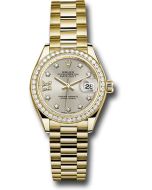 *Pre-Owned* Rolex Yellow Gold Lady-Datejust 28 Watch - 44 Diamond Bezel - Silver Diamond Star Dial - President Bracelet
