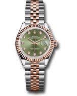 *Pre-Owned* Rolex Steel and Everose Gold Rolesor Lady-Datejust 28 Watch - Fluted Bezel - Olive Green Diamond Dial - Jubilee Bracelet