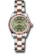  *Pre-Owned* Rolex Steel and Everose Gold Rolesor Lady-Datejust 28 Watch - Fluted Bezel - Olive Green Diamond Dial - Oyster Bracelet