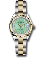  *Pre-Owned* Rolex Steel and Yellow Gold Rolesor Lady-Datejust 28 Watch - Fluted Bezel - Mint Green Diamond Dial - Oyster Bracelet