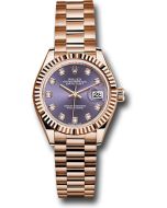  *Pre-Owned* Rolex Everose Gold Lady-Datejust 28 Watch - Fluted Bezel - Aubergine Diamond Dial - President Bracelet