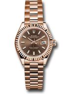  *Pre-Owned* Rolex Everose Gold Lady-Datejust 28 Watch - Fluted Bezel - Chocolate Index Dial - President Bracelet
