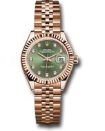  *Pre-Owned* Rolex Everose Gold Lady-Datejust 28 Watch - Fluted Bezel - Olive Green Diamond Dial - Jubilee Bracelet
