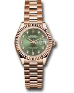  *Pre-Owned* Rolex Everose Gold Lady-Datejust 28 Watch - Fluted Bezel - Olive Green Diamond Dial - President Bracelet