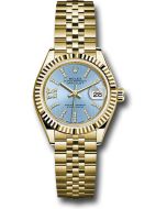  *Pre-Owned* Rolex Yellow Gold Lady-Datejust 28 Watch - Fluted Bezel - Cornflower Blue Stripe Diamond Index Dial - Jubilee Bracelet