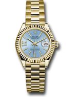 *Pre-Owned* Rolex Yellow Gold Lady-Datejust 28 Watch - Fluted Bezel - Cornflower Blue Stripe Diamond Index Dial - President Bracelet