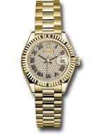  *Pre-Owned* Rolex Yellow Gold Lady-Datejust 28 Watch - Fluted Bezel - Diamond Paved Roman Dial - President Bracelet