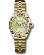  *Pre-Owned* Rolex Yellow Gold Lady-Datejust 28 Watch - Fluted Bezel - Linden Green Strip Diamond Index Dial - Jubilee Bracelet
