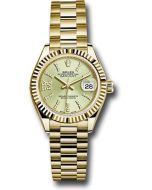  *Pre-Owned* Rolex Yellow Gold Lady-Datejust 28 Watch - Fluted Bezel - Linden Green Strip Diamond Index Dial - President Bracelet