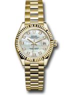  *Pre-Owned* Rolex Yellow Gold Lady-Datejust 28 Watch - Fluted Bezel - Mother-of-Pearl Diamond Dial - President Bracelet