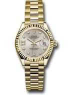  *Pre-Owned* Rolex Yellow Gold Lady-Datejust 28 Watch - Fluted Bezel - Silver Diamond Star Dial - President Bracelet