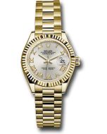  *Pre-Owned* Rolex Yellow Gold Lady-Datejust 28 Watch - Fluted Bezel - Silver Roman Dial - President Bracelet