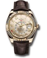  *Pre-Owned* Rolex Yellow Gold Sky-Dweller Watch - Silver Sunray Roman Dial - Brown Leather Strap