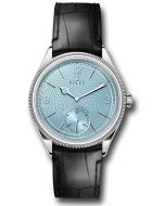 *Pre-Owned* Rolex Platinum 1908 Watch - Domed And Fluted Bezel - Ice Blue Rice-Grain Motif Index Dial - Matt Black Alligator Leather Strap