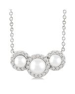 Round Shape Past Present & Future Pearl & Halo Diamond Pendant