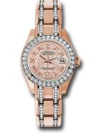  *Pre-Owned* Rolex Everose Gold Lady-Datejust Pearlmaster 29 Watch - 34 Diamond Bezel - Mother-Of-Pearl And Pink Gold Lotus Flower Motif Roman Dial