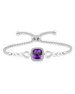 Silver Cushion Shape Gemstone & Halo Diamond Lariat Bracelet
