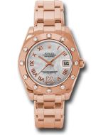  *Pre-Owned* Rolex Everose Gold Datejust Pearlmaster 34 Watch - 12 Diamond Bezel - White Mother-Of-Pearl Roman Dial