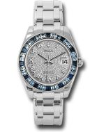  *Pre-Owned* Rolex White Gold Datejust Pearlmaster 34 Watch - 12 Blue And 24 Light-Blue Sapphire Baguettes Bezel - Diamond Paved Roman Dial
