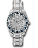  *Pre-Owned* Rolex White Gold Datejust Pearlmaster 34 Watch - 12 Blue And 24 Light-Blue Sapphire Baguettes Bezel - Diamond Paved Roman Dial