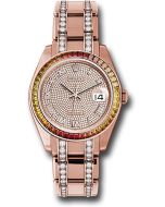 *Pre-Owned* Rolex Everose Gold Datejust Pearlmaster 39 Watch - 48 Orange To Yellow Gradient Baguette-Cut Sapphires Bezel - 18K Everose Gold Diamond Paved Dial