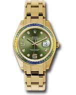  *Pre-Owned* Rolex Yellow Gold Datejust Pearlmaster 39 Watch - 48 Blue To Green Gradient Baguette-Cut Sapphires Bezel - Olive Green Diamond Dial