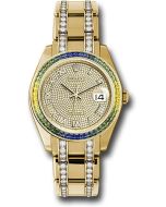  *Pre-Owned* Rolex Yellow Gold Datejust Pearlmaster 39 Watch - 48 Blue To Green Gradient Baguette-Cut Sapphires Bezel - 18K Yellow Gold Diamond Paved Dial