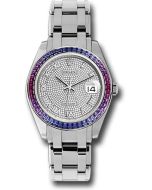  *Pre-Owned* Rolex White Gold Datejust Pearlmaster 39 Watch - 48 Blue To Fuchsia Pink Gradient Baguette-Cut Sapphires Bezel - 18K White Gold Diamond Paved Dial