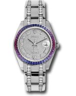 *Pre-Owned* Rolex White Gold Datejust Pearlmaster 39 Watch - 48 Blue To Fuchsia Pink Gradient Baguette-Cut Sapphires Bezel - 18K White Gold Diamond Paved Dial