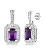 Silver Emerald Shape Gemstone & Diamond Earrings