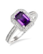 Silver Emerald Shape Gemstone & Diamond Ring