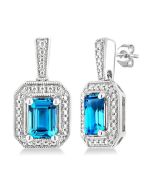 Silver Emerald Shape Gemstone & Diamond Earrings