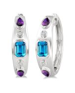 Silver Mixed Shape Gemstone & Diamond Hoop Earrings