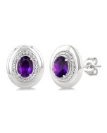 Silver Oval Shape Gemstone & Diamond Earrings