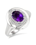 Silver Oval Shape Gemstone & Diamond Ring