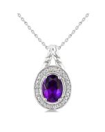 Silver Oval Shape Gemstone & Diamond Pendant