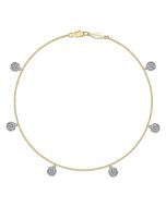 14K Yellow Gold Chain Ankle Bracelet with Round White Gold Diamond Drops
