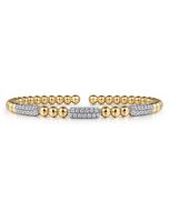 14K White and Yellow Gold Diamond Pave Three Station Bar Bujukan Beads Split Bangle Bracelet
