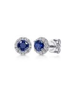 14K White Gold Round Diamond Halo Sapphire Stud Earrings