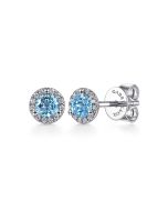 14K White Gold Diamond Halo Swiss Blue Topaz Stud Earrings