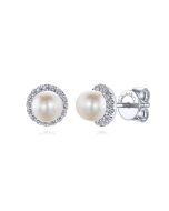 14K White Gold Round Diamond Halo Pearl Stud Earrings